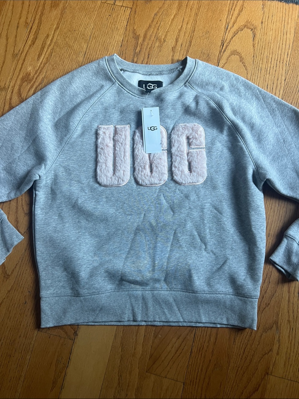 UGG Womens Gray Crewneck Sweatshirt with Pink Faux-Fur Logo Medium NWT